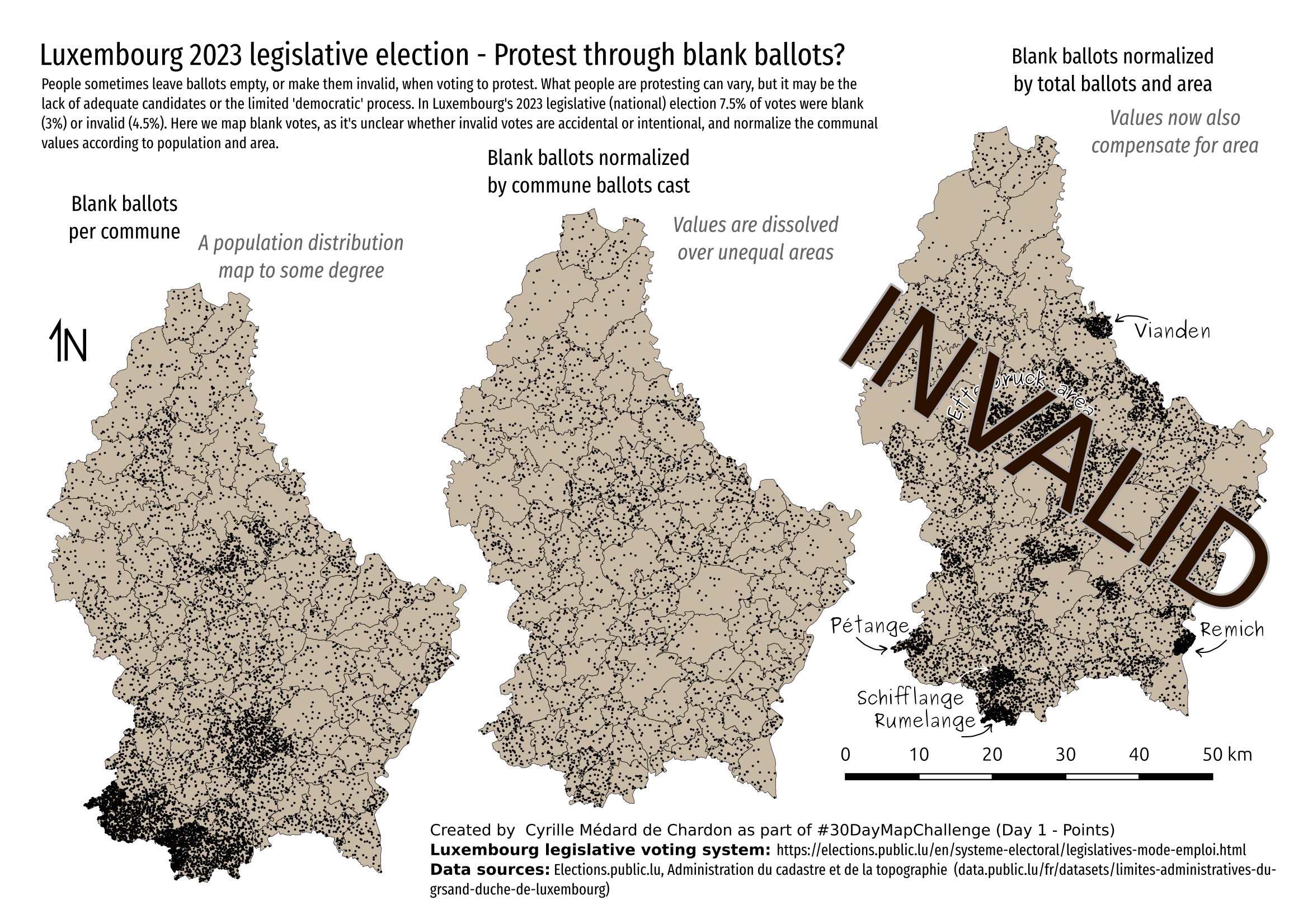 Three maps showing blank ballot counts in Luxembourg. The latter two are normalized by population and then also area - the third map is invalid due to a calculation error