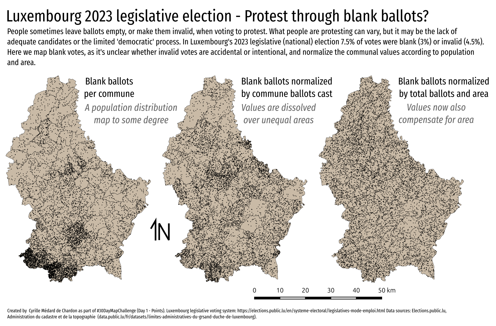 Three maps showing blank ballot counts in Luxembourg. The latter two are normalized by population and then also area. It's hard to see any clear communal difference