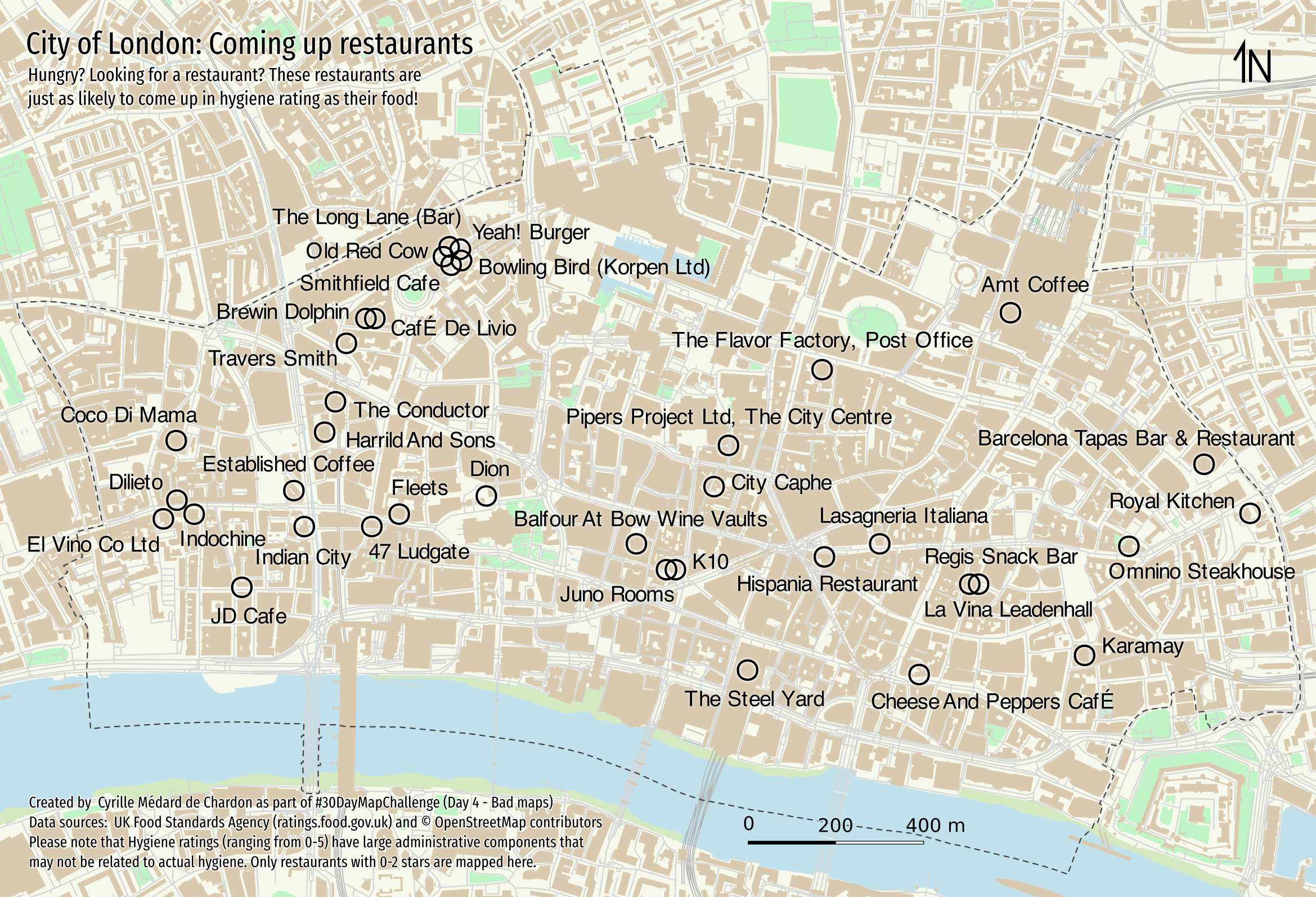 A map of City of London showing the location of restaurants with 0-2 stars for hygiene rating