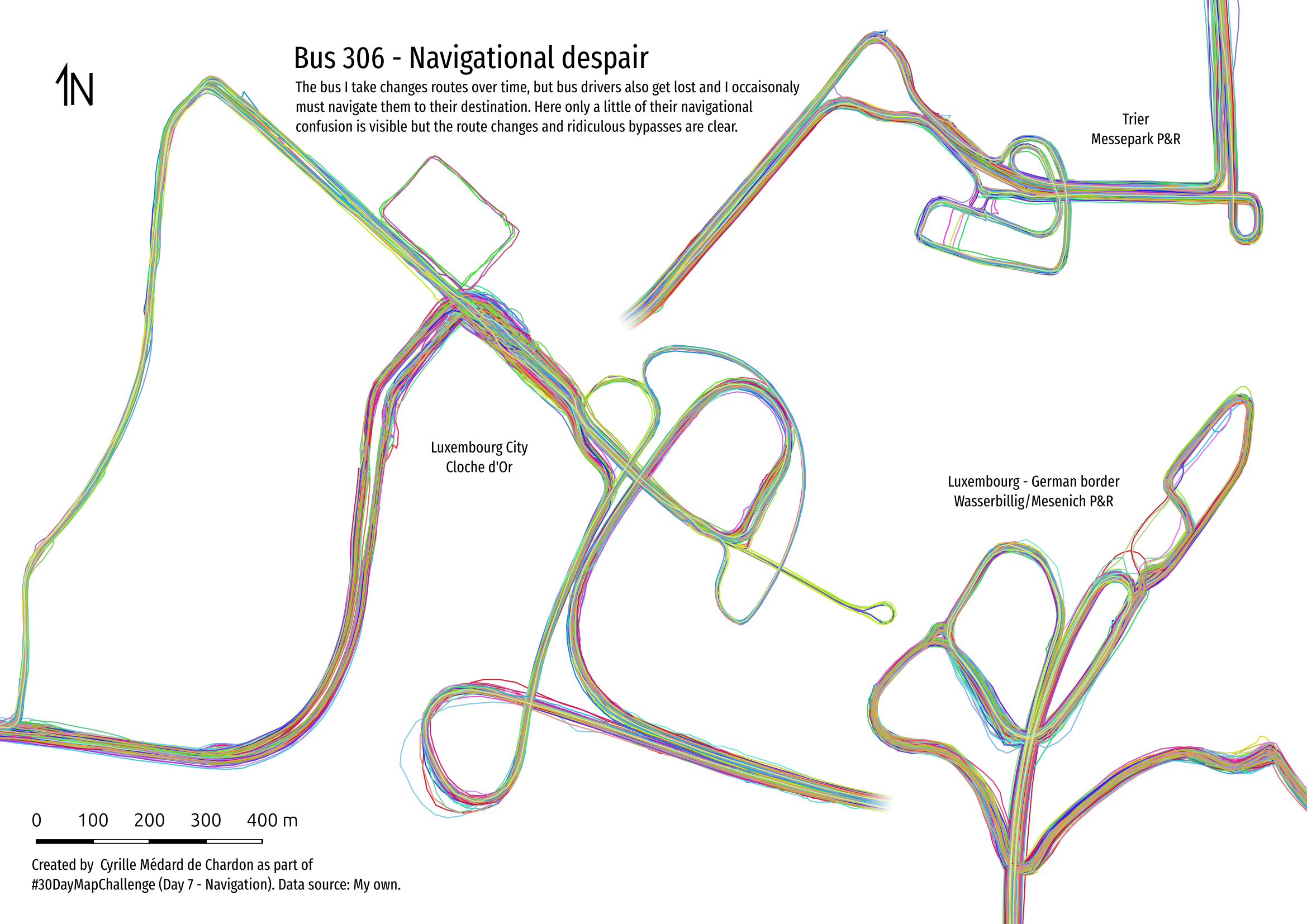 Three maps that look like spaghetti but are actual bus tracks over time