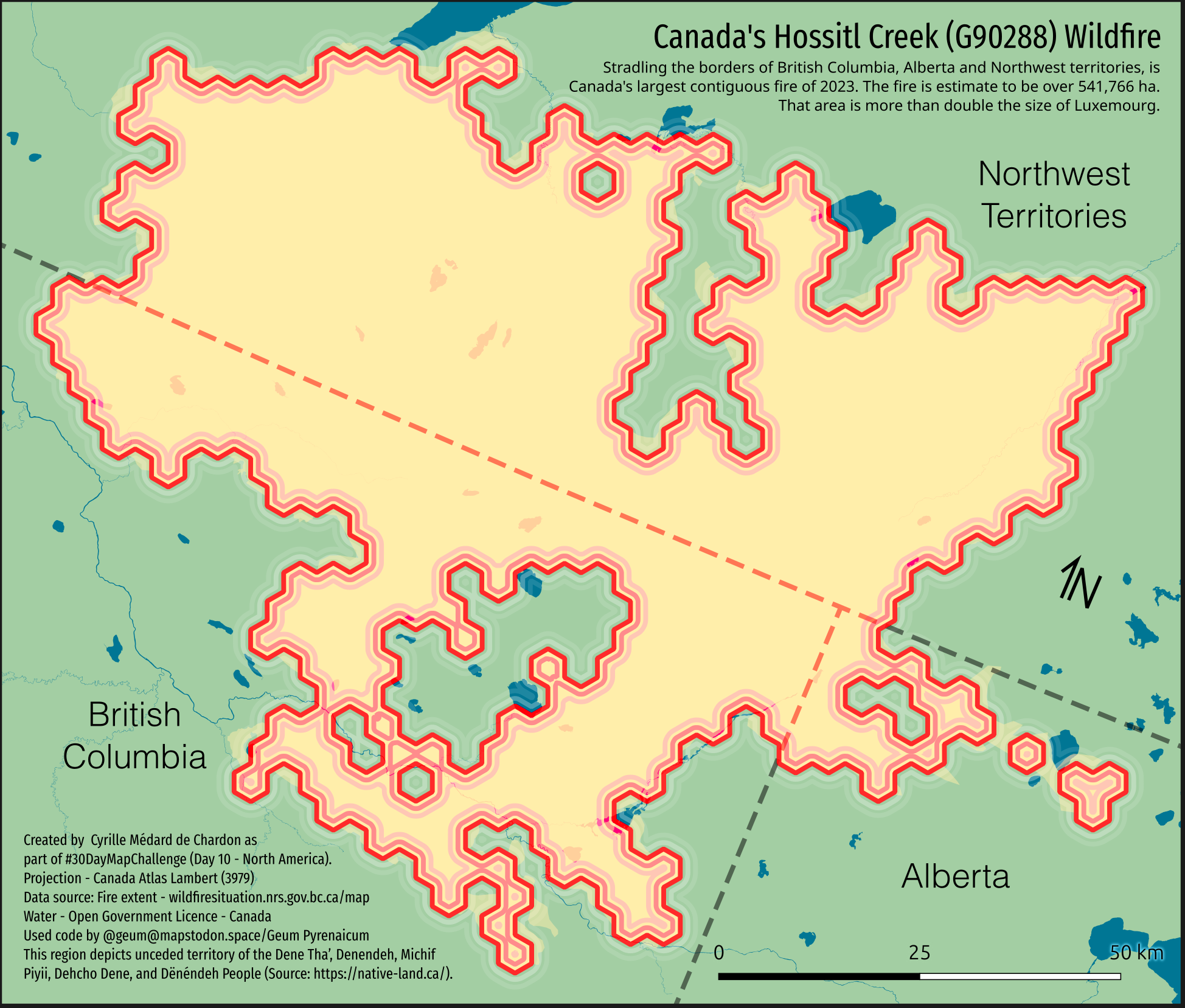 A map of the fire coverage of the Hossitl creek wildfire in northern canada. Map uses hexagons to show fire extent, because hexagons are the bestagons.