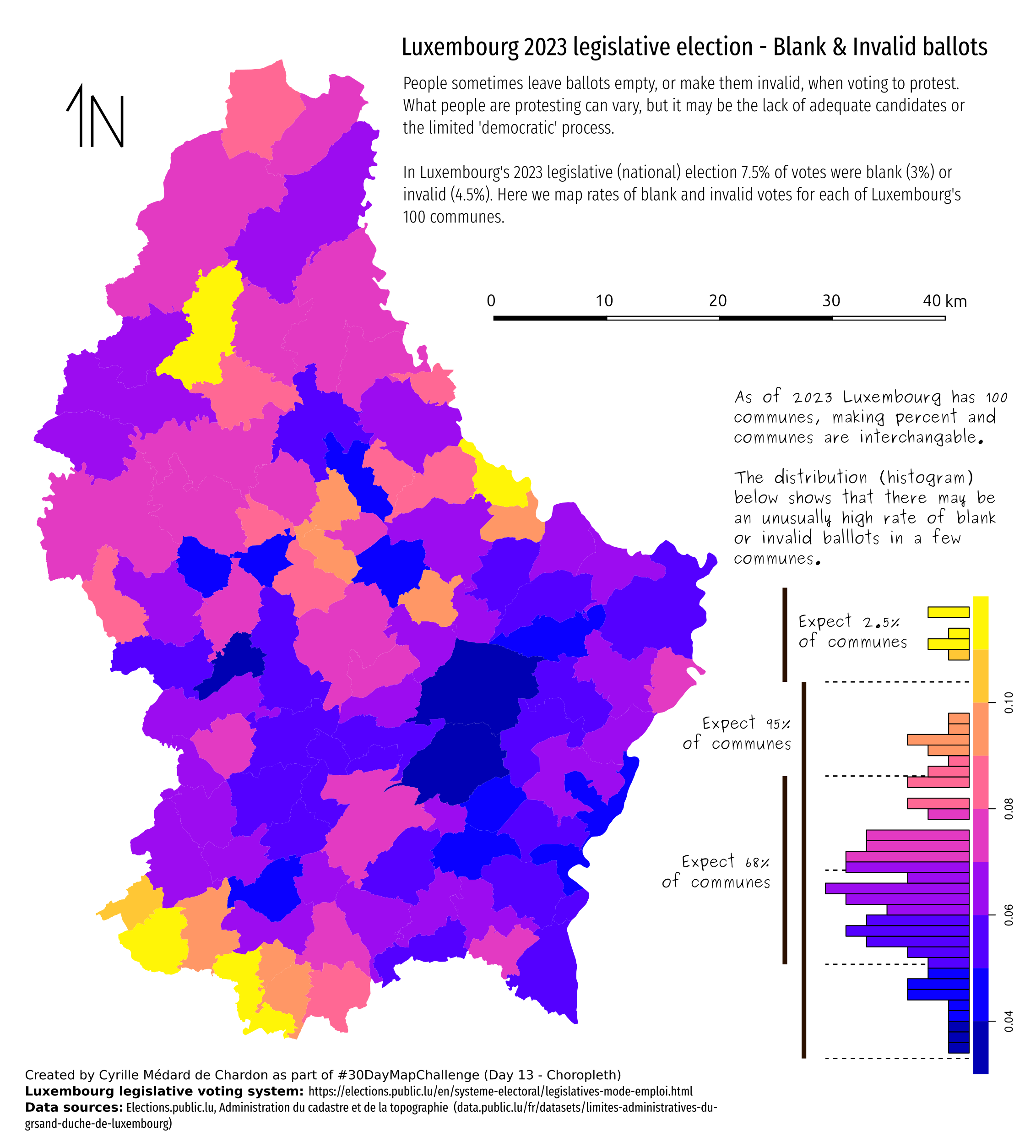 Map of Luxembourg communes with colours representing values. A graph in the bottom right shows that a few communes may have unexpectedly high rates of blank or invalid ballots