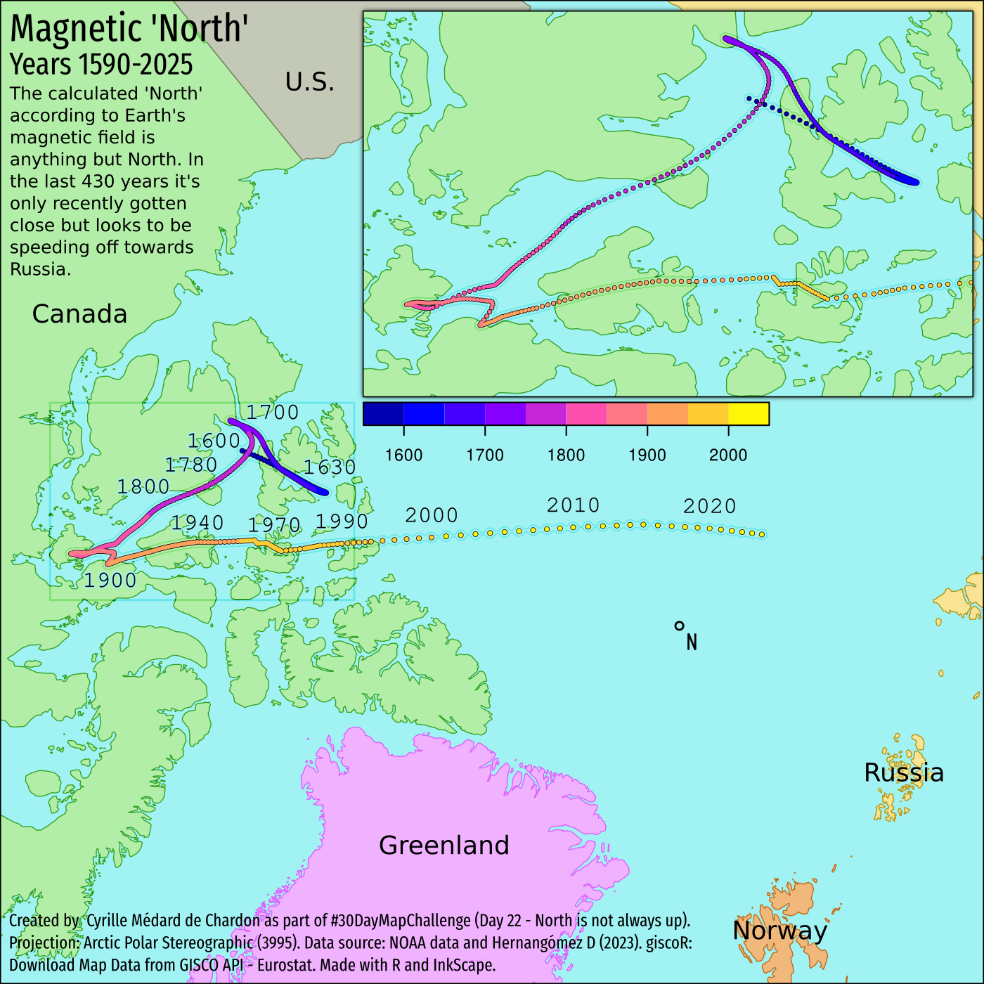 Map showing migration of magnetic 'North' from Canada towards Russia