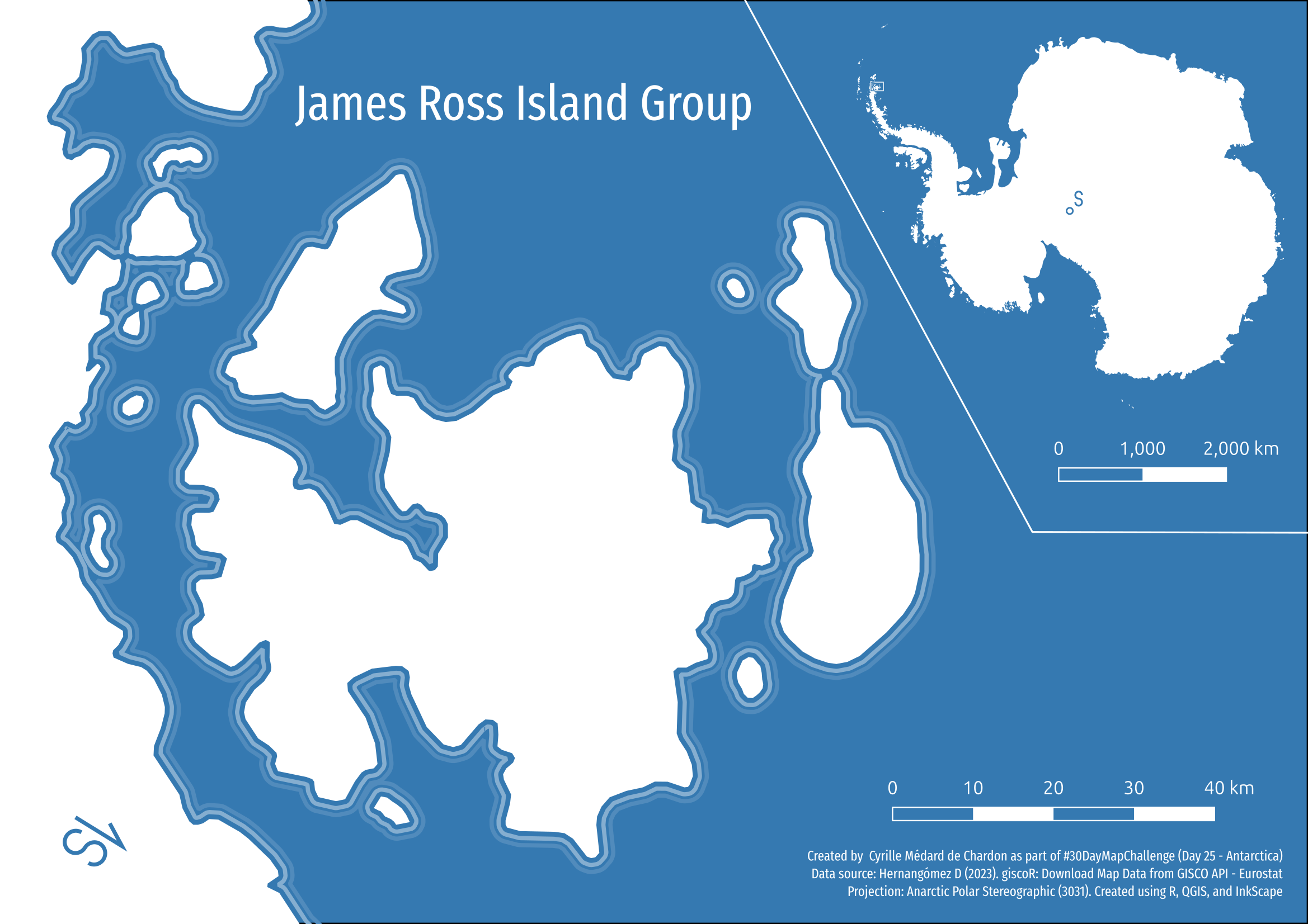 A monchrome (blue) map of the James Ross Island Group in Antarctica