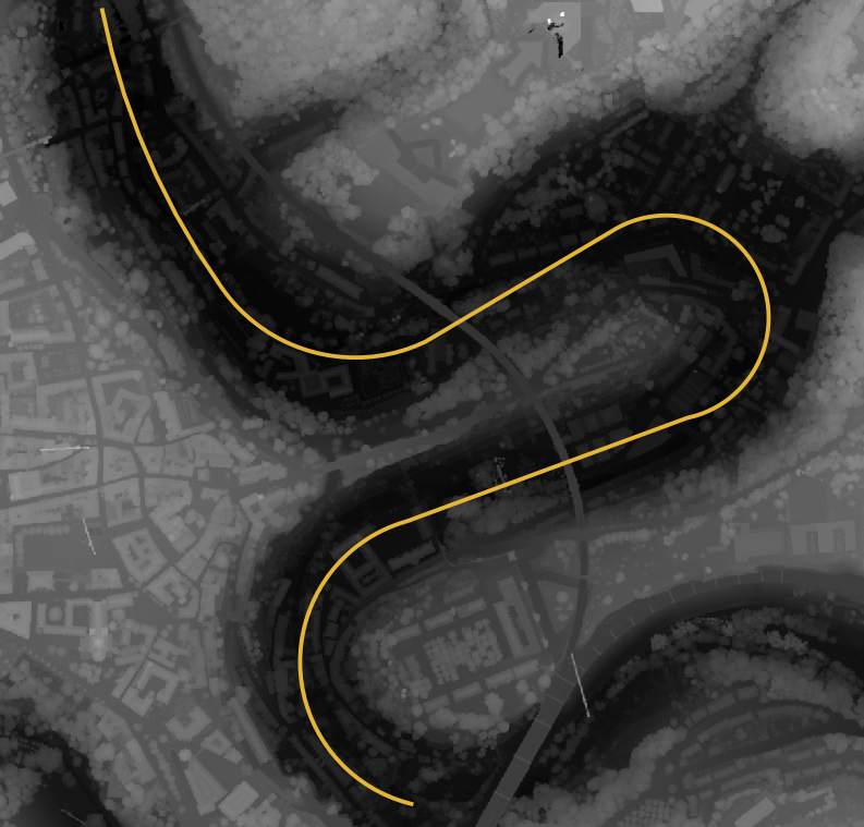 Surface elevation model of Luxembourg City with a line following the valley bottom