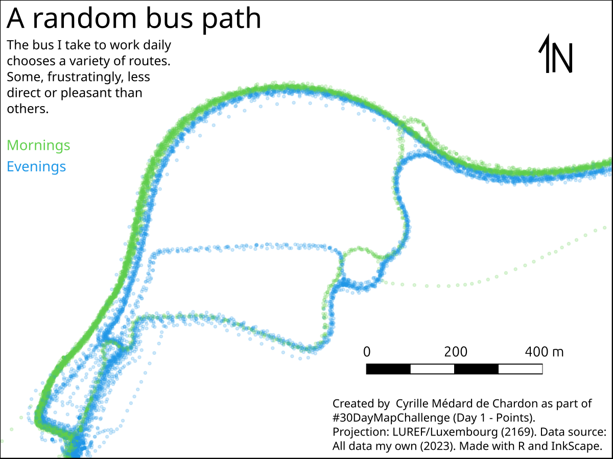 A map of points showing the path of a bus in the morning and evening - it takes many routes