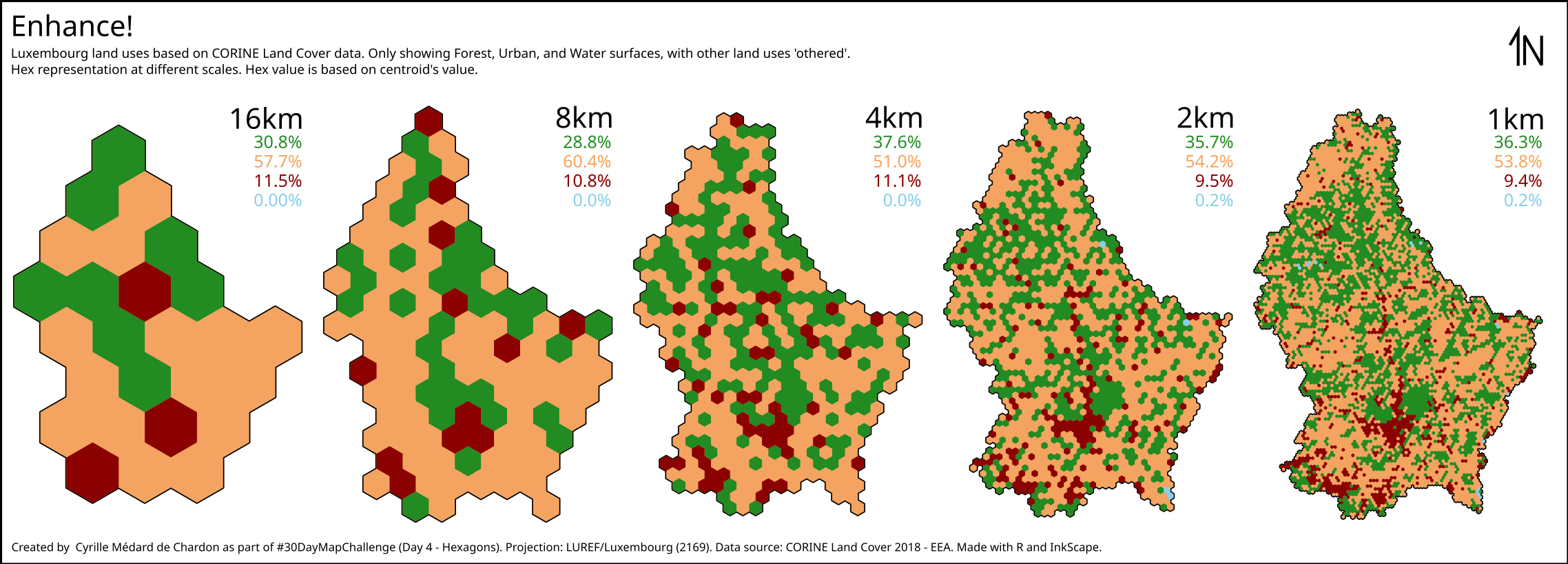 A series of maps showing land use (forest, urban, water, and other) in Luxembourg at different hexagonal resolutions - from 16km to 1km.