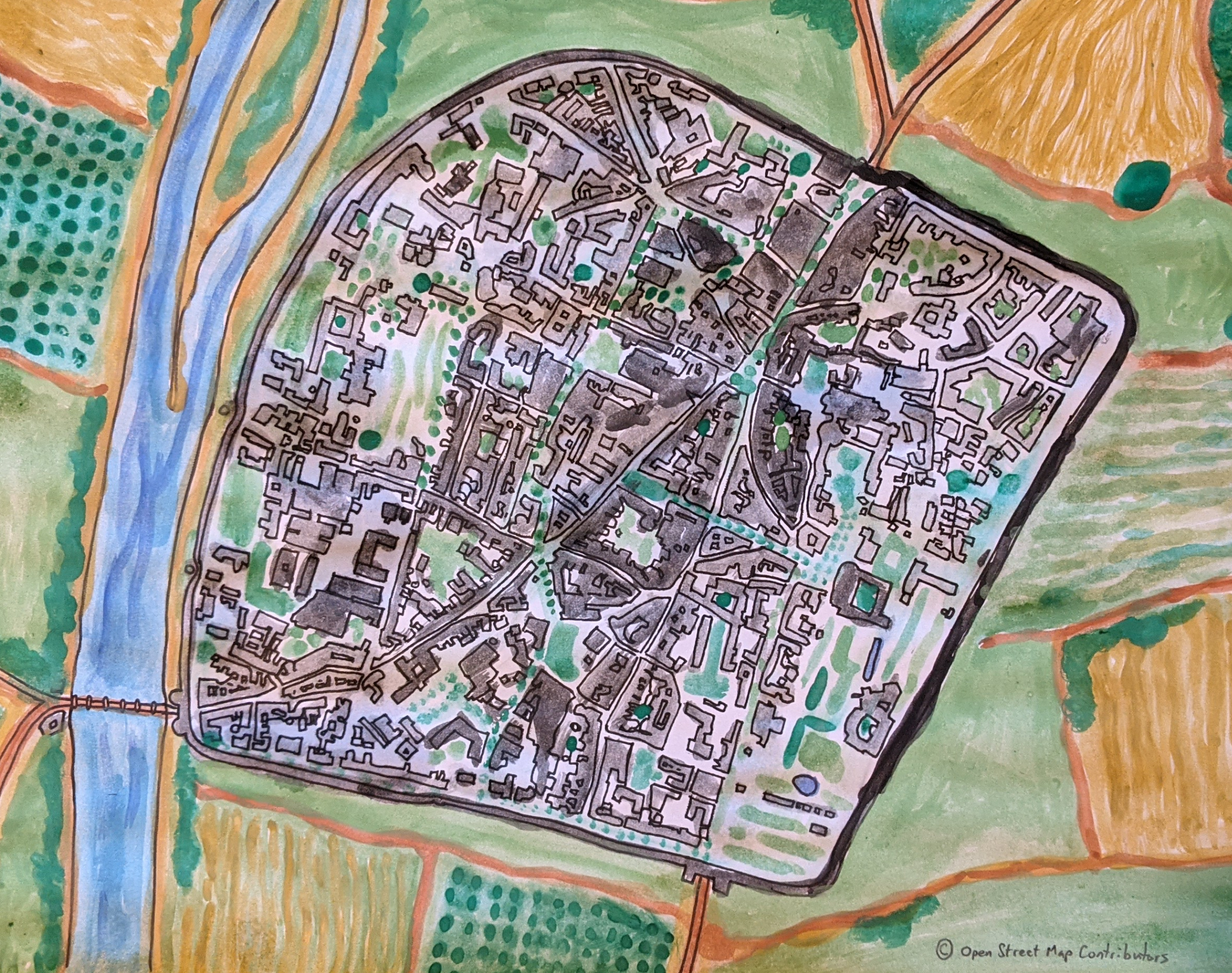 A map of Trier city centre with the surrounding area converted to green spaces